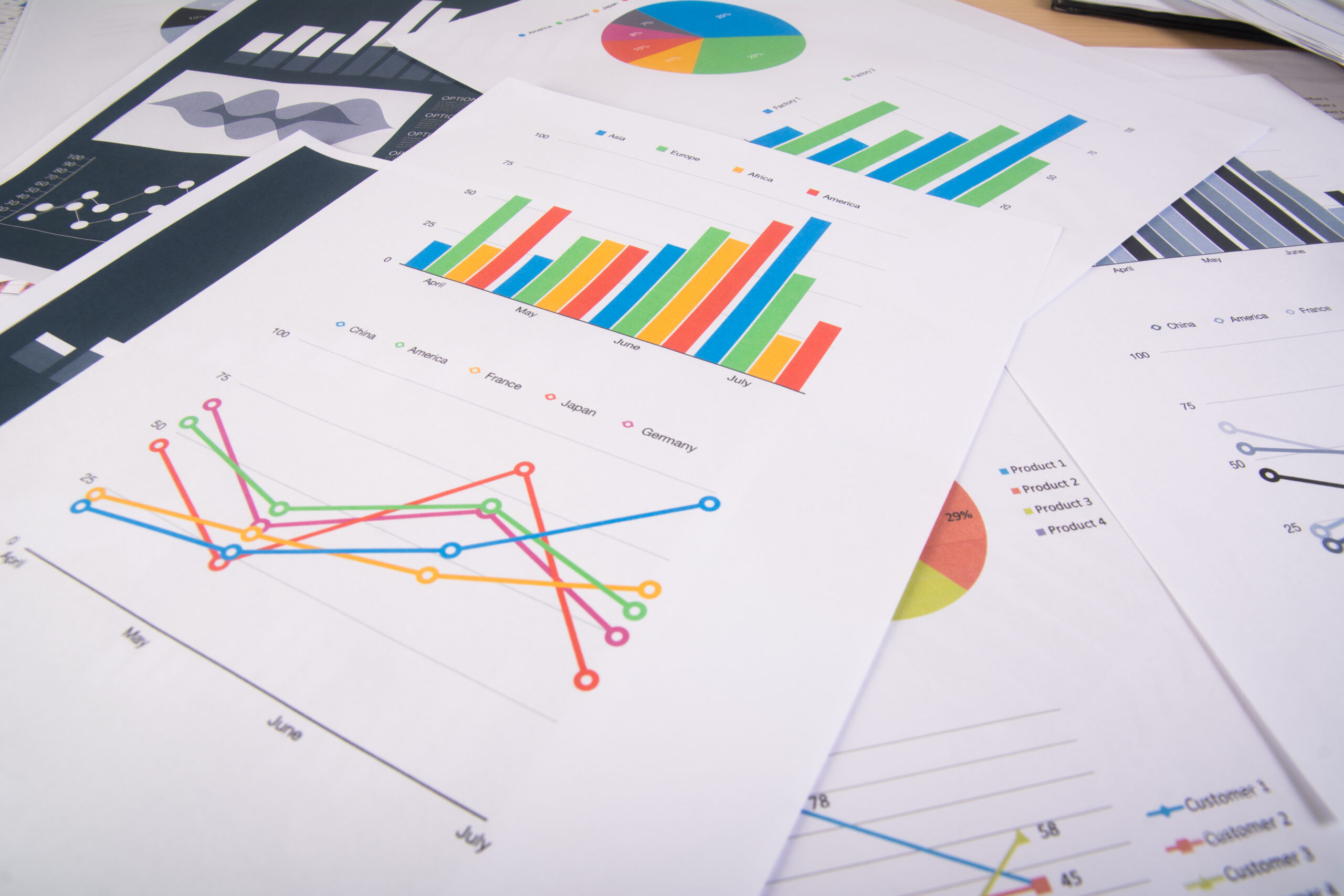 Home business report. graphs and charts. business reports and pile of